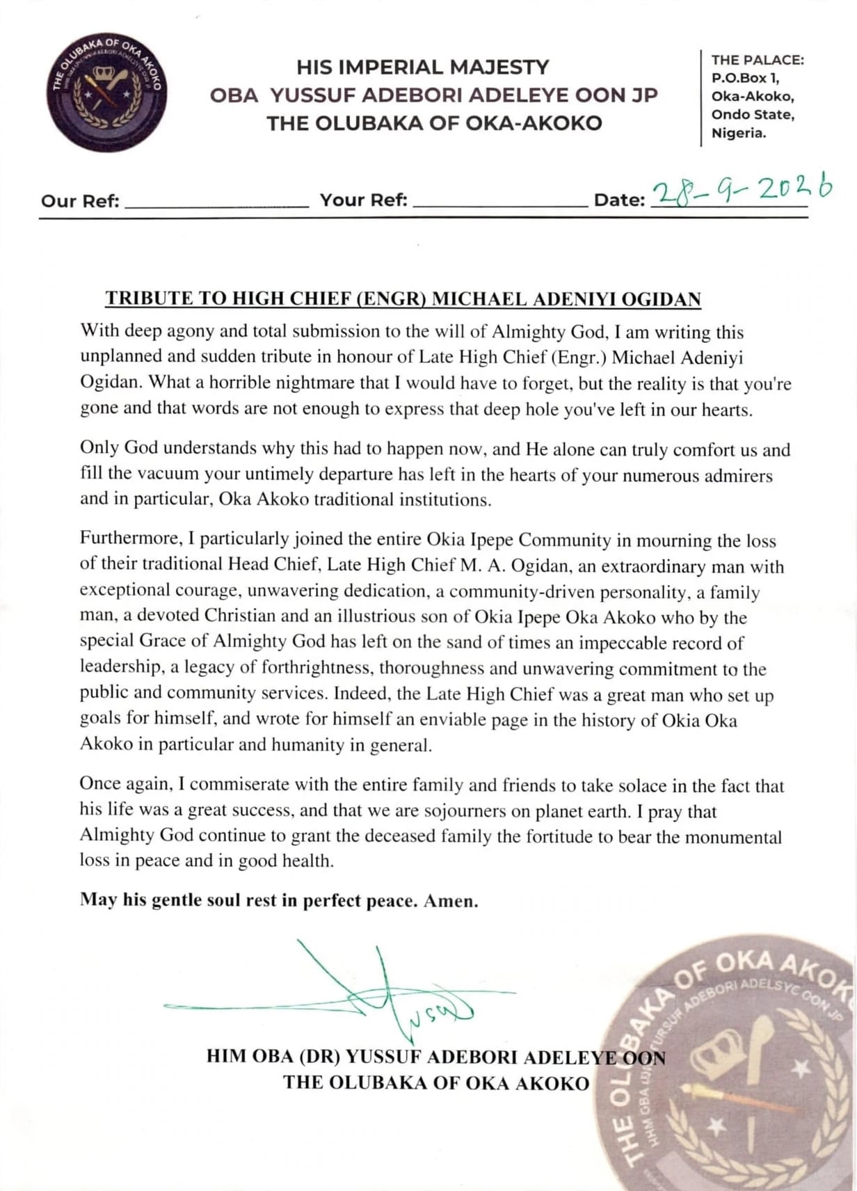 Tribute from HIM Oba (Dr) Yussuf Adebori Adeleye OON JP